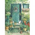 109 - White cat and Flowers in front of the Door - Postcard