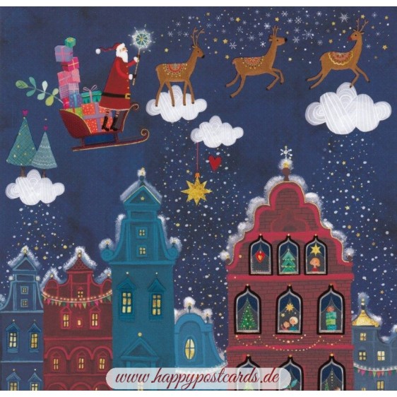 Nikolaus im Schlitten über der Stadt - Mila Marquis Postkarte