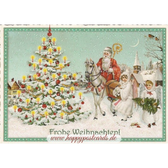 Weihnachtsmann auf Pferd - Tausendschön - Weihnachtspostkarte