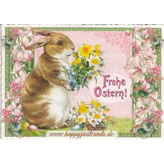 Frohe Ostern - Hase mit Blumenstrauß - Tausendschön - Osterkarte