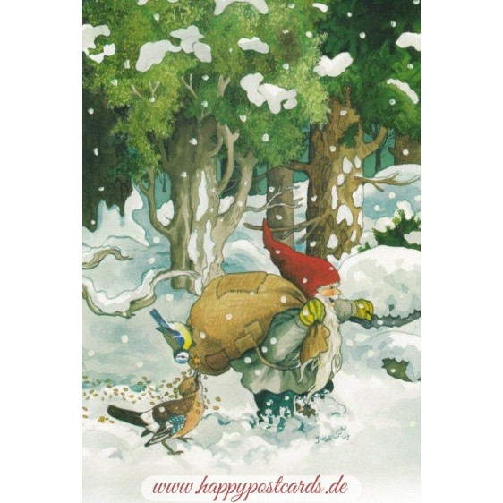 225 - Zwerg mit Vogelfutter im Schnee - Postkarte