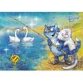 Anglerglück - Blaue Katzen - Postkarte