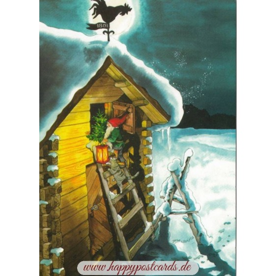 221 - Zwerg mit Katze auf Leiter - Löök Postkarte