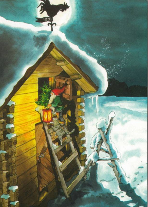 221 - Dwarf with a cat on a ladder - Löök  Postcard