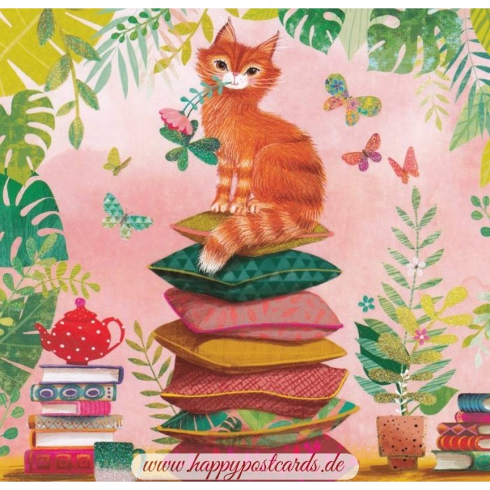 Phantasie im Buch Katze Blumen Vogel Postkarte Mila Marquis 