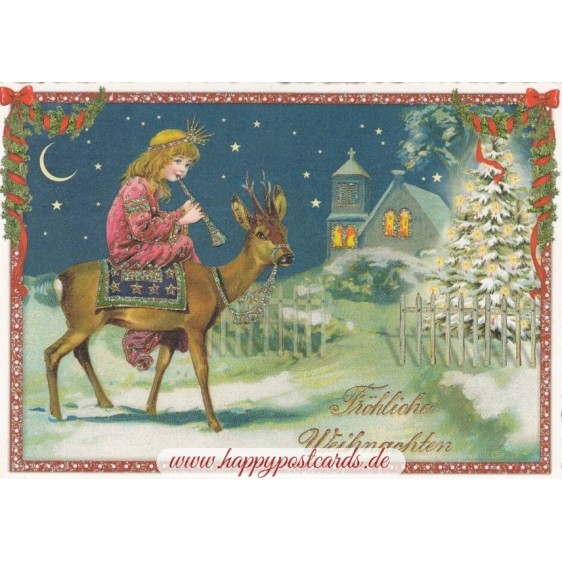 Merry Christmas - Girl with flute - Tausendschön - Postcard