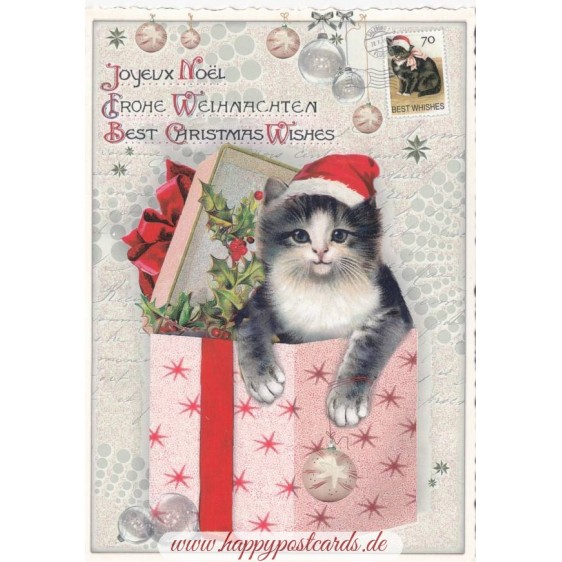 Best Christmas Wishes - Present with Cat - Tausendschön - Postcard