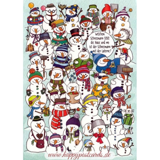 Welchem Weihnachtsmann fehlt die Nase und wo ist der Schneemann mit der Laterne? - Weihnachtskarte