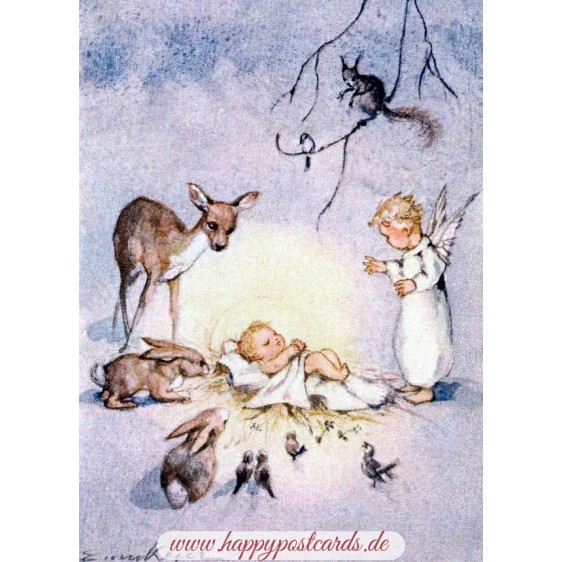 Christkind, umgeben von Waldtieren und einem Engel - Weihnachtskarte