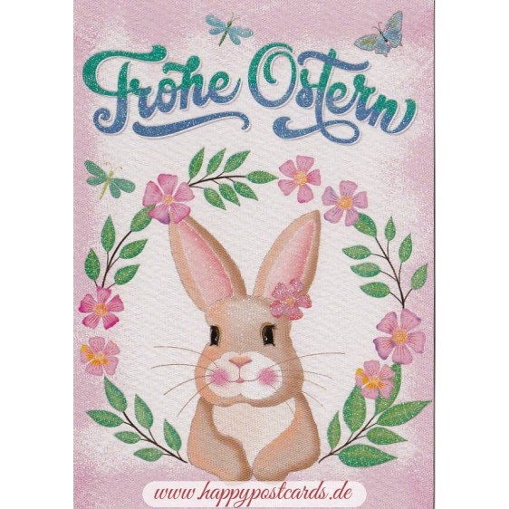 Frohe Ostern Hase im Blumenkranz - Osterpostkarte