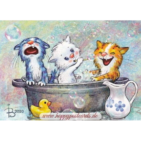Katzenwäsche - Blaue Katzen - Postkarte
