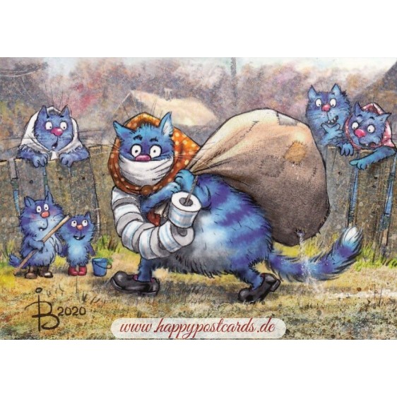 Hamsterkauf - Blaue Katzen - Postkarte