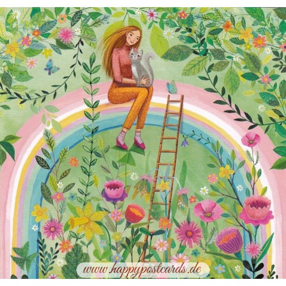 Frau mit Katze auf dem Regenbogen - Mila Marquis Postkarte