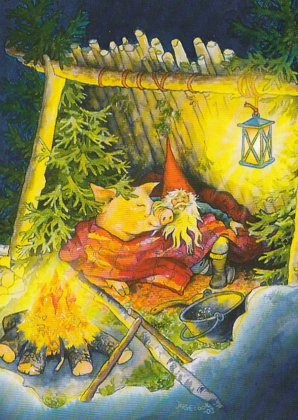 226 - Dwarf and Pig sleeping at Bonfire - Löök  Postcard
