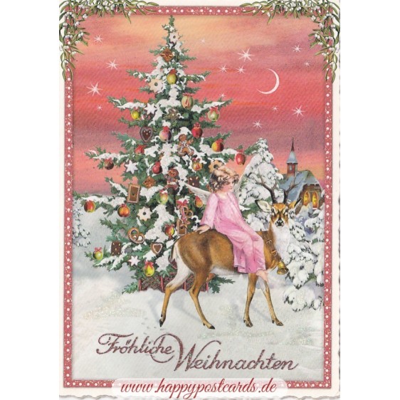 Engel auf Hirsch - Tausendschön - Weihnachtskarte