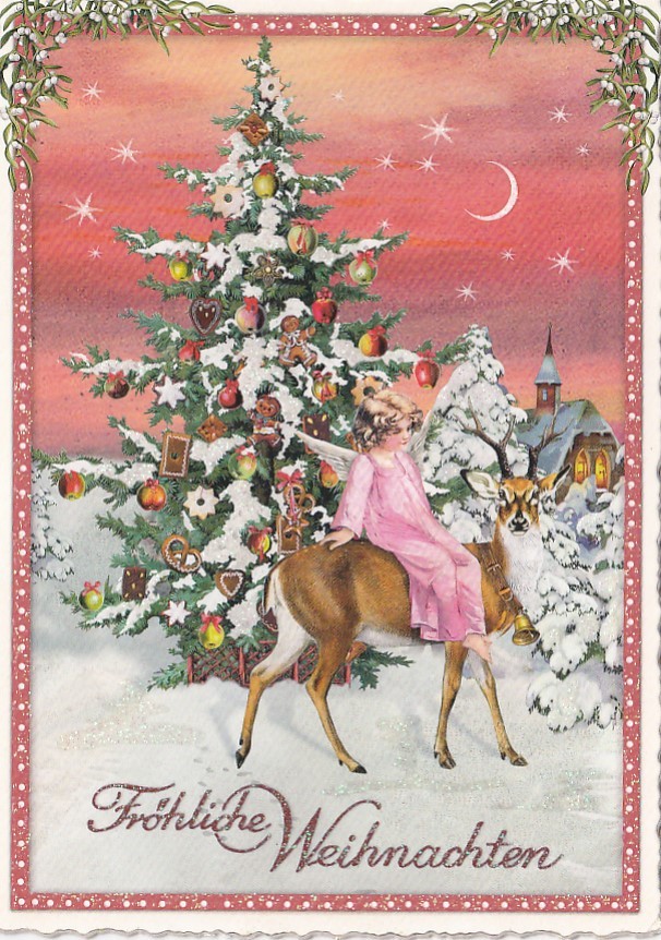Engel auf Hirsch - Tausendschön - Weihnachtskarte
