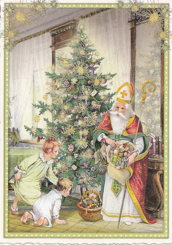 Nikolaus mit Weihnachtsbaum - Tausendschön - Weihnachtskarte