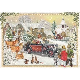 Weihnachtsmann im Auto - Tausendschön - Weihnachtskarte