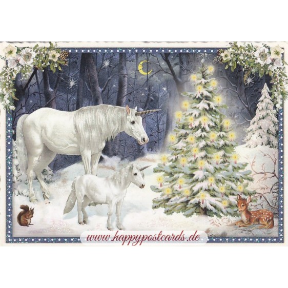Einhörner am Weihnachtsbaum - Tausendschön - Weihnachtskarte