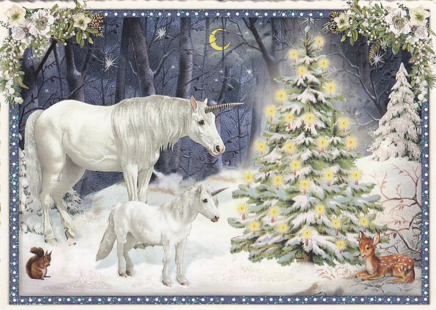Unicorns at Christmastree - Tausendschön - Postcard