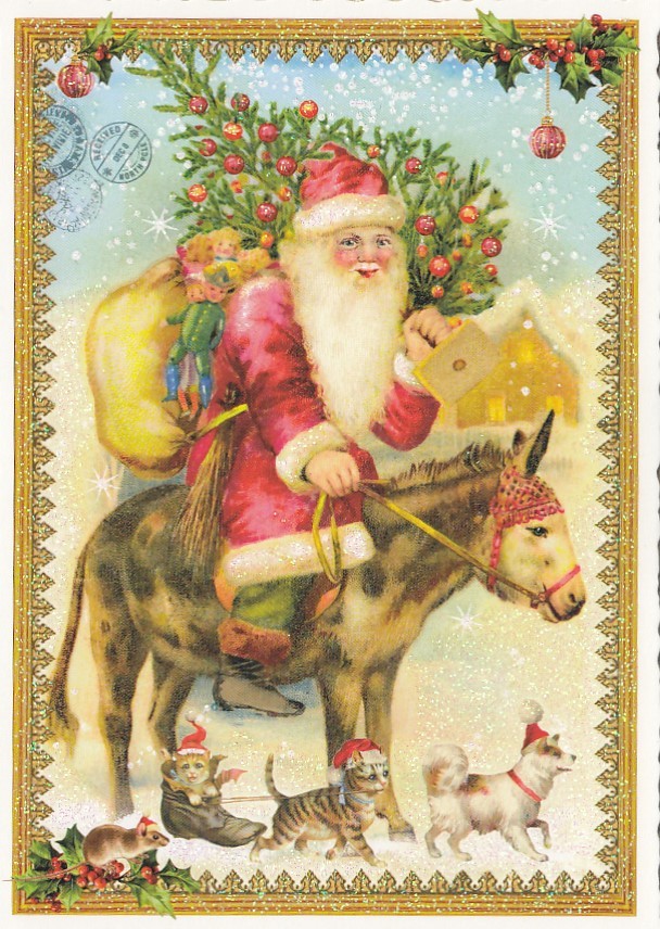 Weihnachtsmann auf Esel - Tausendschön - Weihnachtskarte