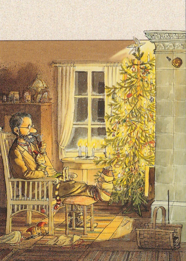 Pettersson in front of Christmastree - Christmas Postcard