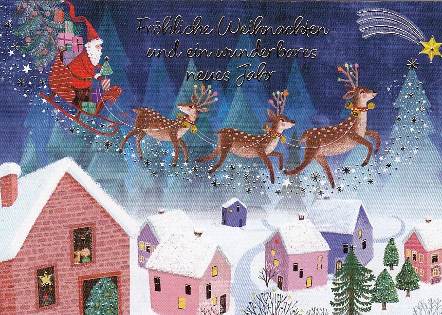 Fröhliche Weihnachten - Santa Claas with Reindeers - Mila Marquis Postcard