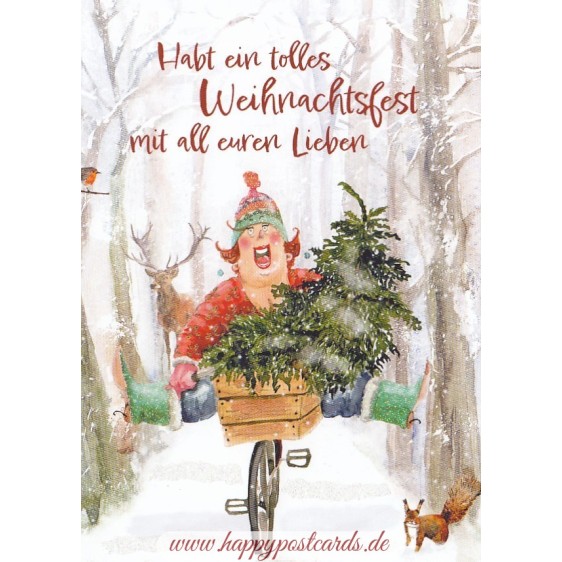 Tolles Weihnachtsfest - Frau auf Fahrrad - Weihnachspostkarte