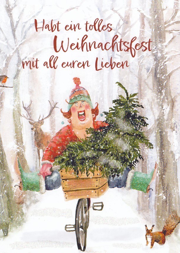 Tolles Weihnachtsfest - Woman on bicycle -  Christmas Postcard