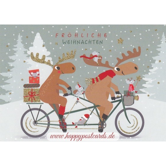 Fröhliche Weihnachten - Elche auf Fahrrad - Weihnachspostkarte