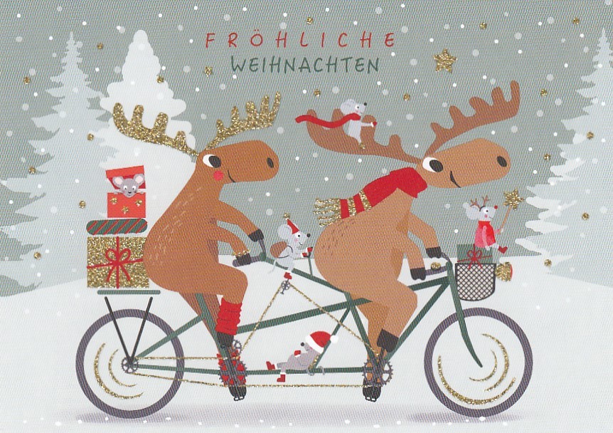 Fröhliche Weihnachten - Moose on bicycle -  Christmas Postcard