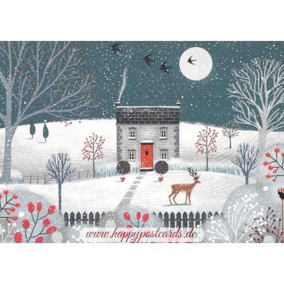 House in winter with deer - Christmas Postcard