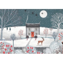 Haus im Winter mit Reh - Weihnachtskarte