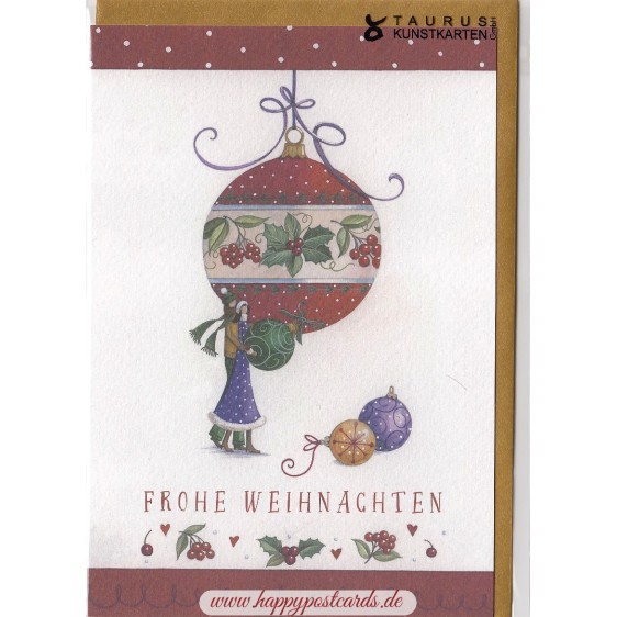 Frohe Weihnachten - woman with ornaments - Christmas card