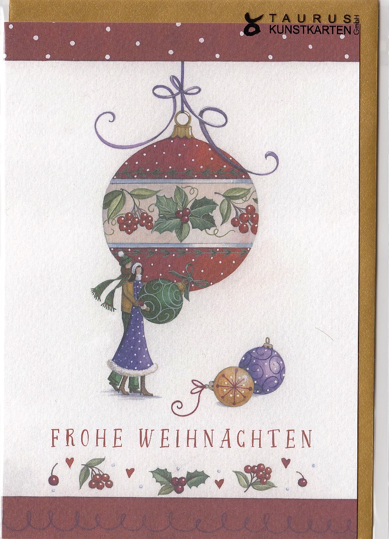 Frohe Weihnachten - Frau mit Christbaumkugeln - Weihnachtsgrußkarte