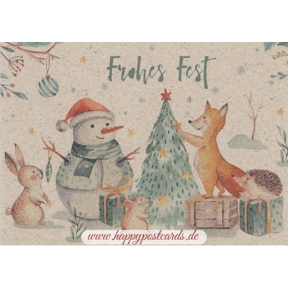 Frohes Fest - Snowman and Animals - Grass Postcard
