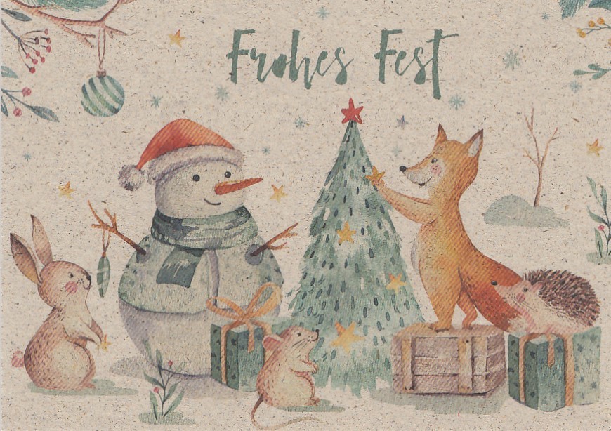 Frohes Fest - Snowman and Animals - Grass Postcard