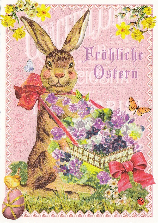 Fröhliche Ostern - Hase mit Blumen - Tausendschön - Osterkarte