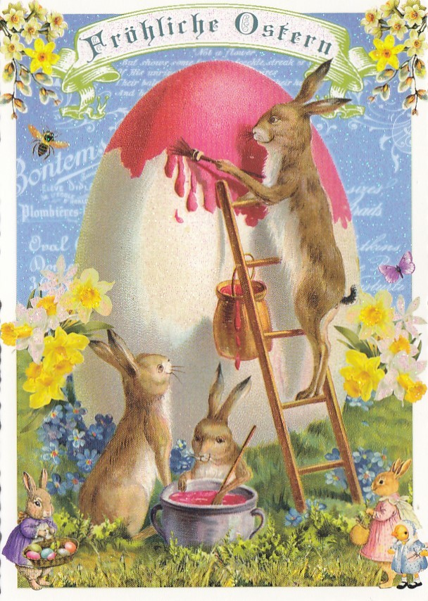Fröhliche Ostern - Bunnies paint an egg - Tausendschön - Postcard