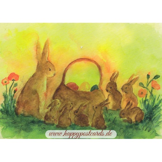 Bunnyfamily with Eastereggs - Easter Postcard
