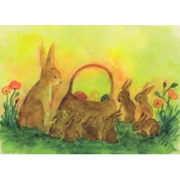 Bunnyfamily with Eastereggs - Easter Postcard