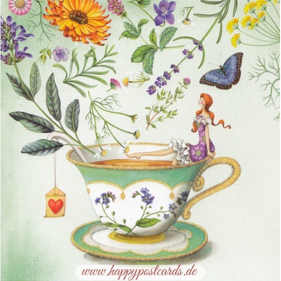 Frau auf Teetasse mit Blumen - Nina Chen Postkarte
