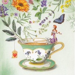 Frau auf Teetasse mit Blumen - Nina Chen Postkarte