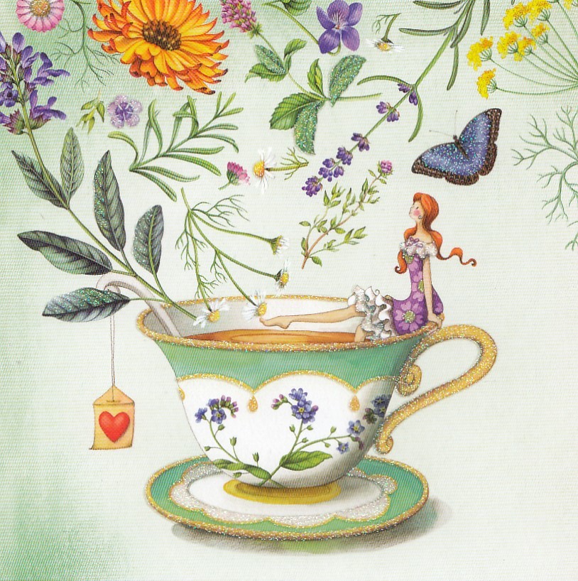 Woman on teacup with Flowers - Nina Chen Postcard
