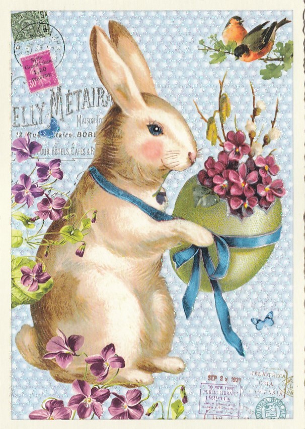 Hase hält Ei mit Blumen - Tausendschön - Osterkarte