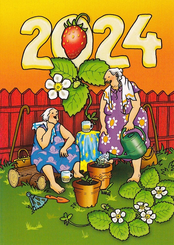 618 - Jahreskarte 2024 Frauen mit Erdbeerpflanzen - Löök Postkarte