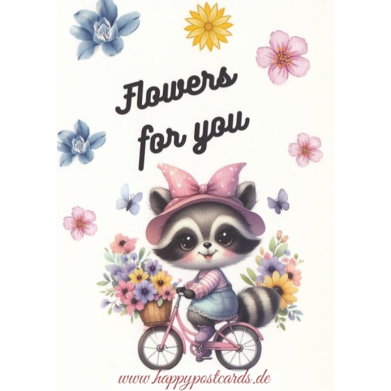 Raccoon - Flowers for you - Postcard