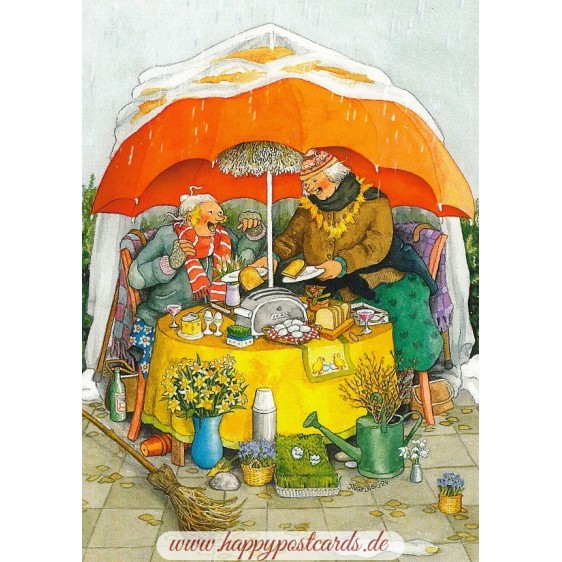 82 - Frauen frühstücken im Regen - Löök Postkarte