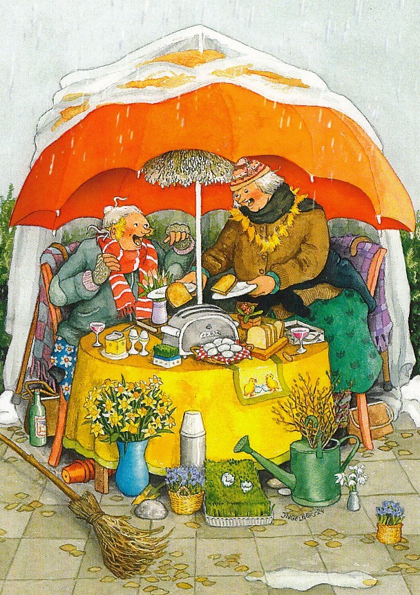 82 - Frauen frühstücken im Regen - Löök Postkarte