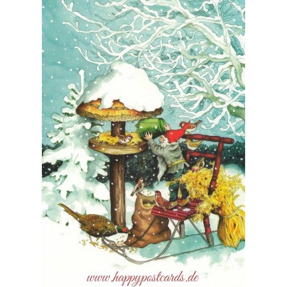 222 - Zwerg füttert Vögel im Schnee - Postkarte